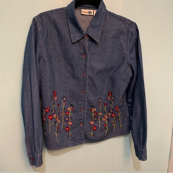 Paul Harris Denim Button-Up Collared Front Embroidered Long Sleeve Blouse, Med. - Picture 1 of 7